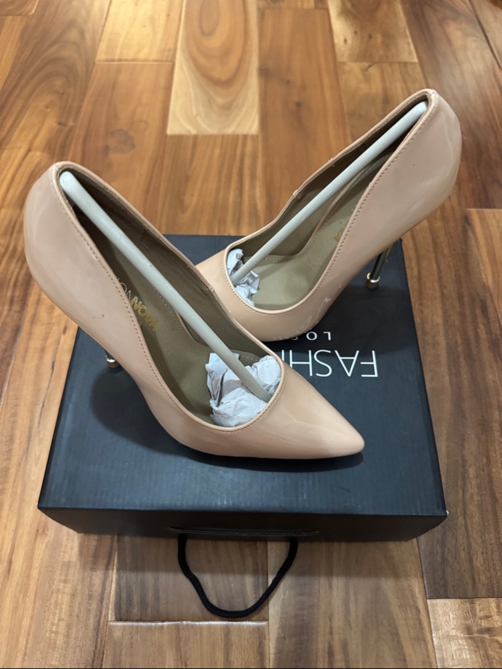 Fashion Nova Nude Patent Pointed Stiletto Heels
